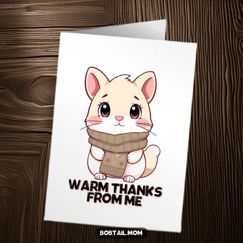Funny Free Printable Thank You Card: A Bobtail cat with a knitted scarf looks attentively cozy, perfect for sending thanks.