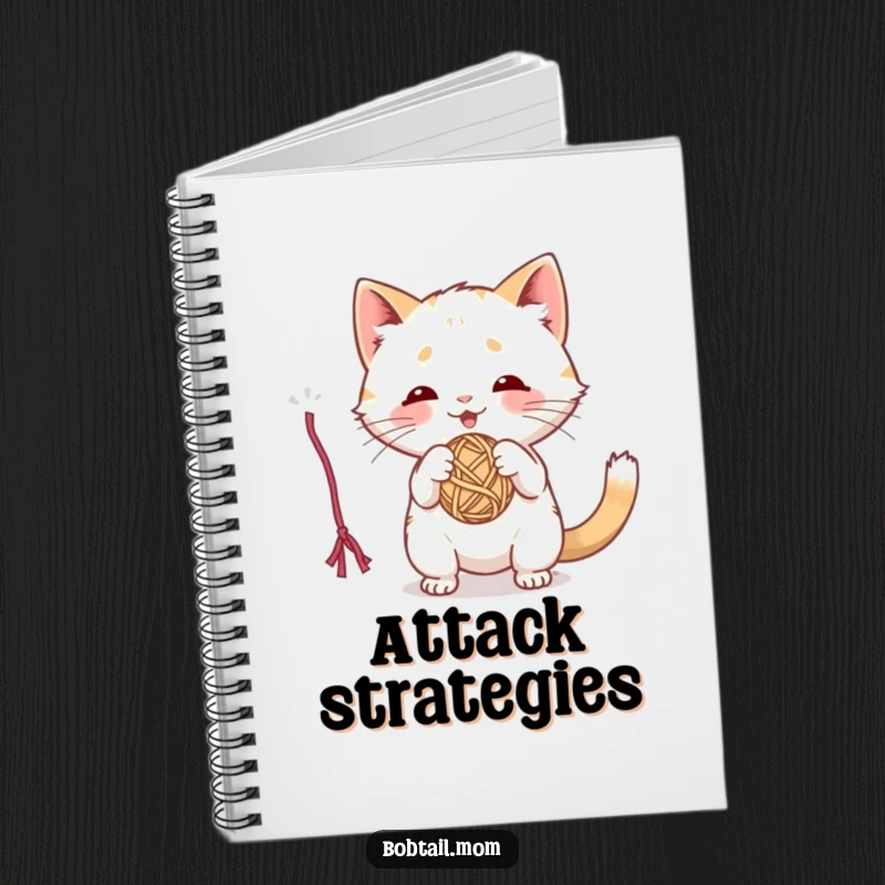 Funny notebook with a playful Bobtail cat batting at a dangling yarn ball, inspiring creative play.