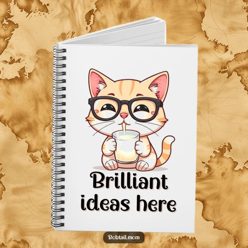 Funny notebook with a Bobtail cat wearing reading glasses and sipping milk, a humorous design for writers and thinkers.