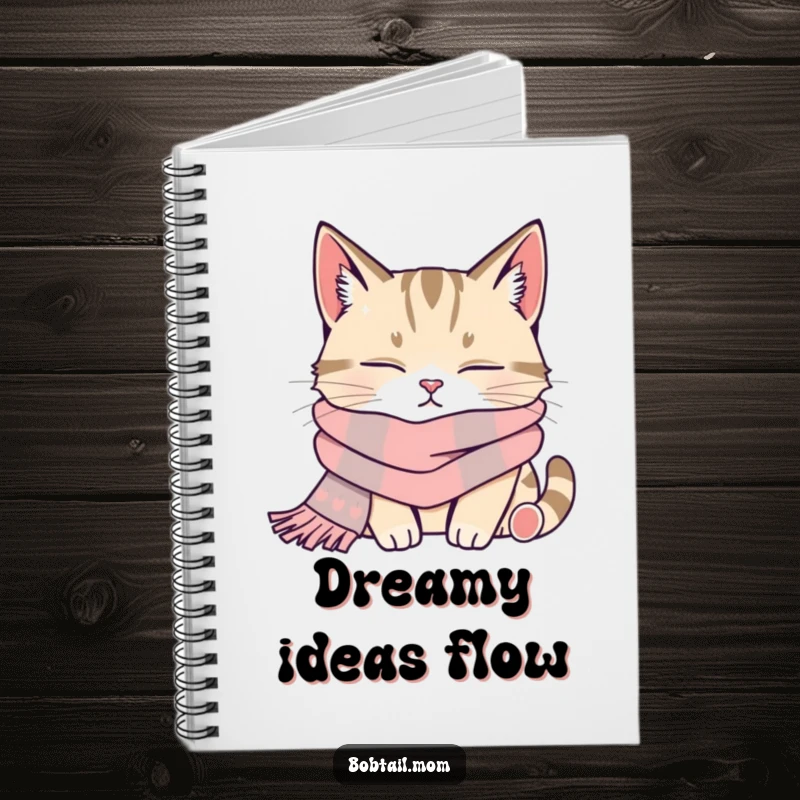 Funny bobtail cat wearing a scarf, napping contentedly, on the cover of a peaceful notebook.