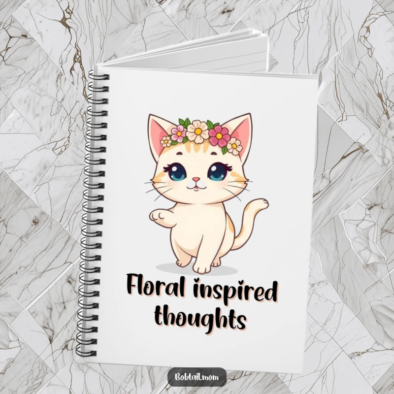 Funny notebook with a bobtail cat wearing a flower crown, prancing gaily, ready to capture your happiest thoughts.