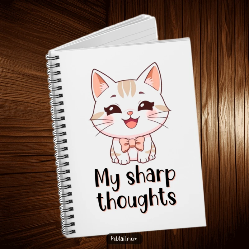 Funny Bobtail cat notebook featuring a happy, grinning cat wearing a tiny bowtie, great for jotting down cheerful thoughts.