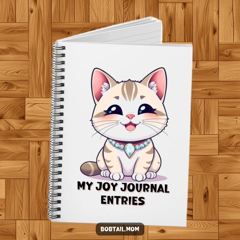 Funny Bobtail cat wearing a sparkling collar, smiling contentedly. A humorous notebook for happy individuals, perfect gift.