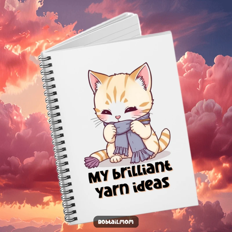 Funny Bobtail cat focused on knitting a small scarf, looking determined. A humorous notebook for creative minds, perfect gift.