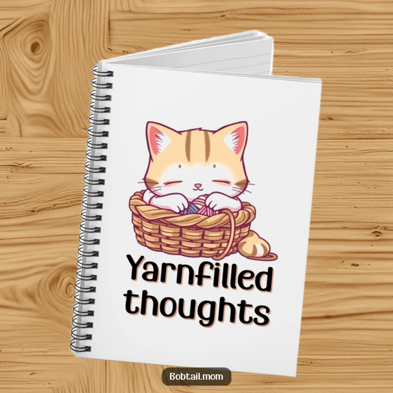 Funny notebook with a Bobtail cat peacefully napping in a knitting basket, a humorous design for writers and crafters.