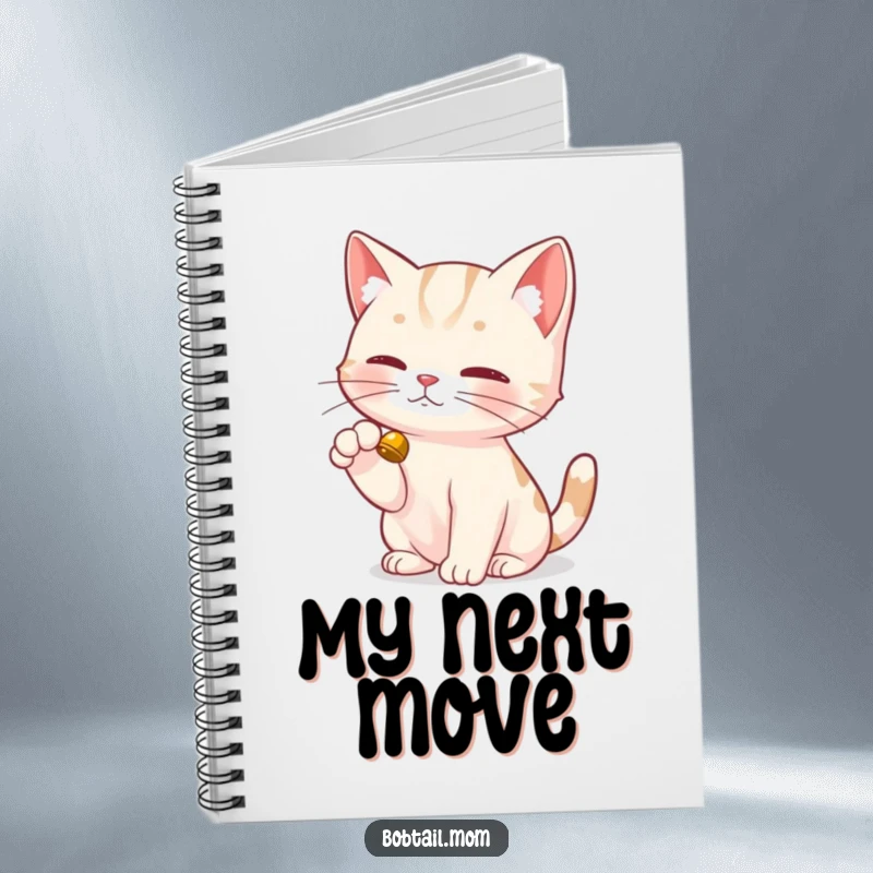 Funny Bobtail Cat Notebook featuring a Bobtail cat's dainty paw delicately tapping a bell, perfect for recording playful notes.