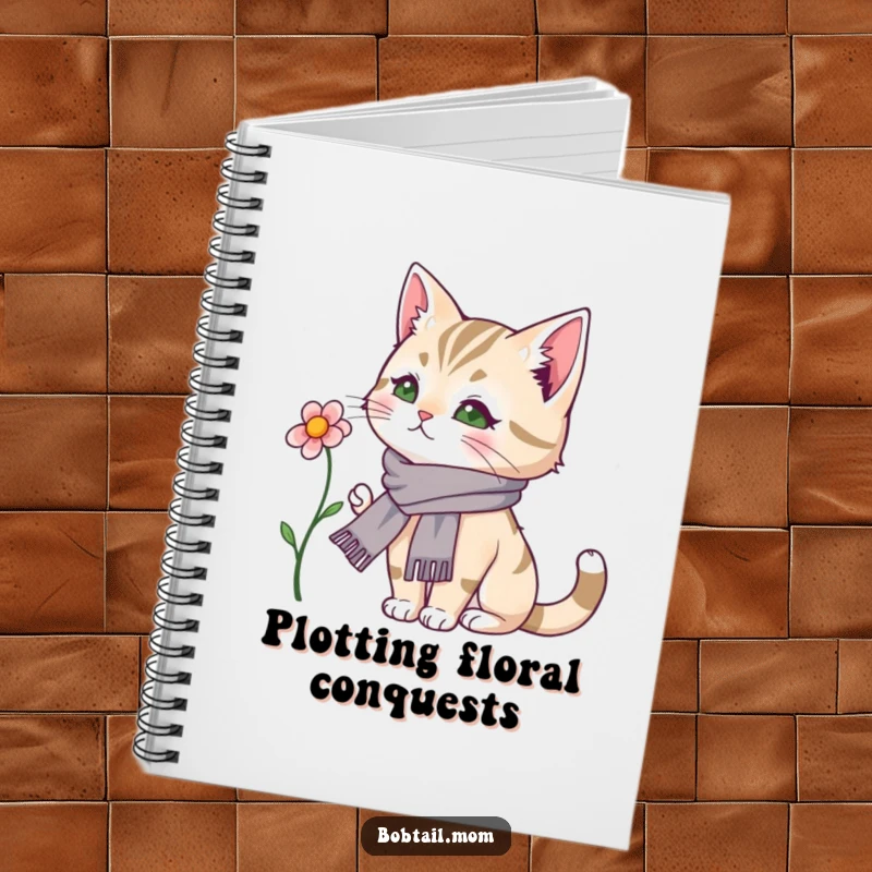 Funny Bobtail Cat Notebook: A sophisticated bobtail cat in a scarf is shown admiring a flower.