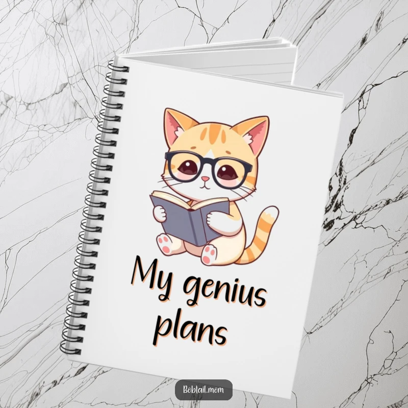 Funny Bobtail cat with spectacles reading a book, featured on a notebook cover for jotting down creative ideas.