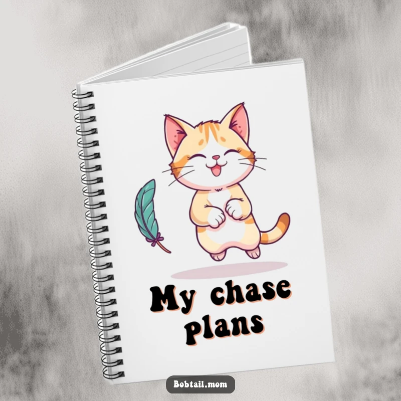 Funny Bobtail cat character notebook, depicting a playful leap after a feather toy, ideal for jotting down cat adventures.