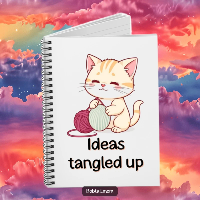 Funny bobtail cat enthusiastically playing with a ball of yarn on the cover of a lined notebook.