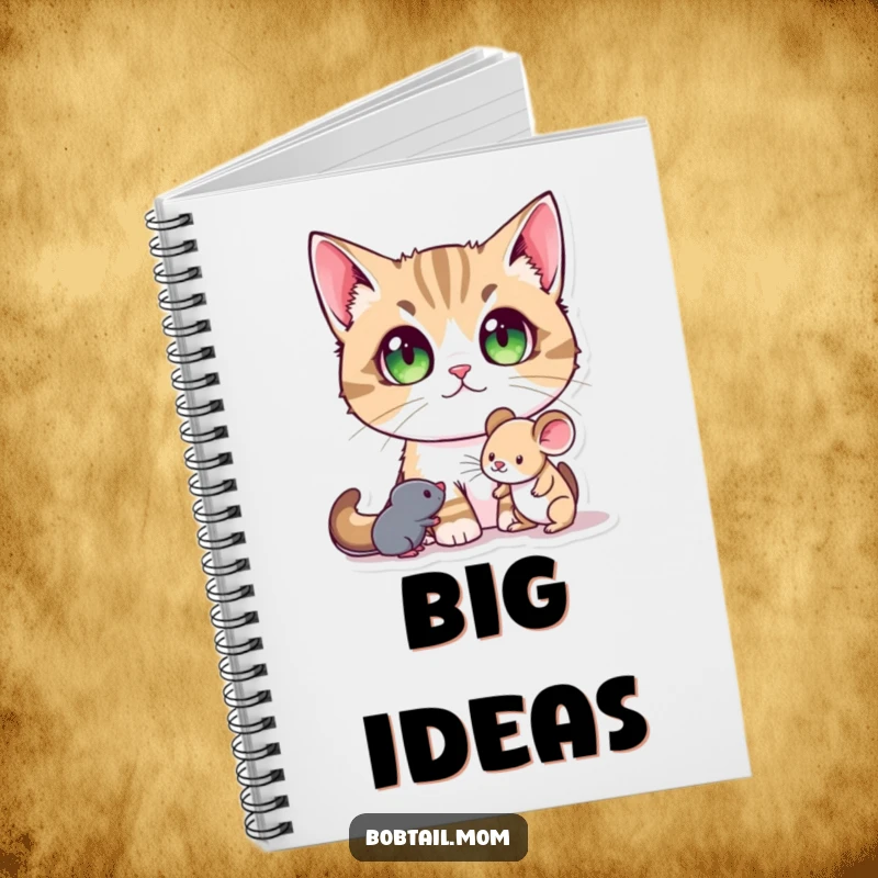 Funny Bobtail Cat Notebook featuring a Bobtail cat with large pupils, showing wonder at a toy mouse, perfect for recording thoughts.