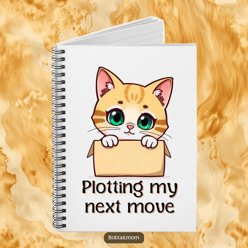 Funny Bobtail Cat Notebook showing a cute cat peeking curiously from a box, inspiring thoughtful notes and humorous observations.