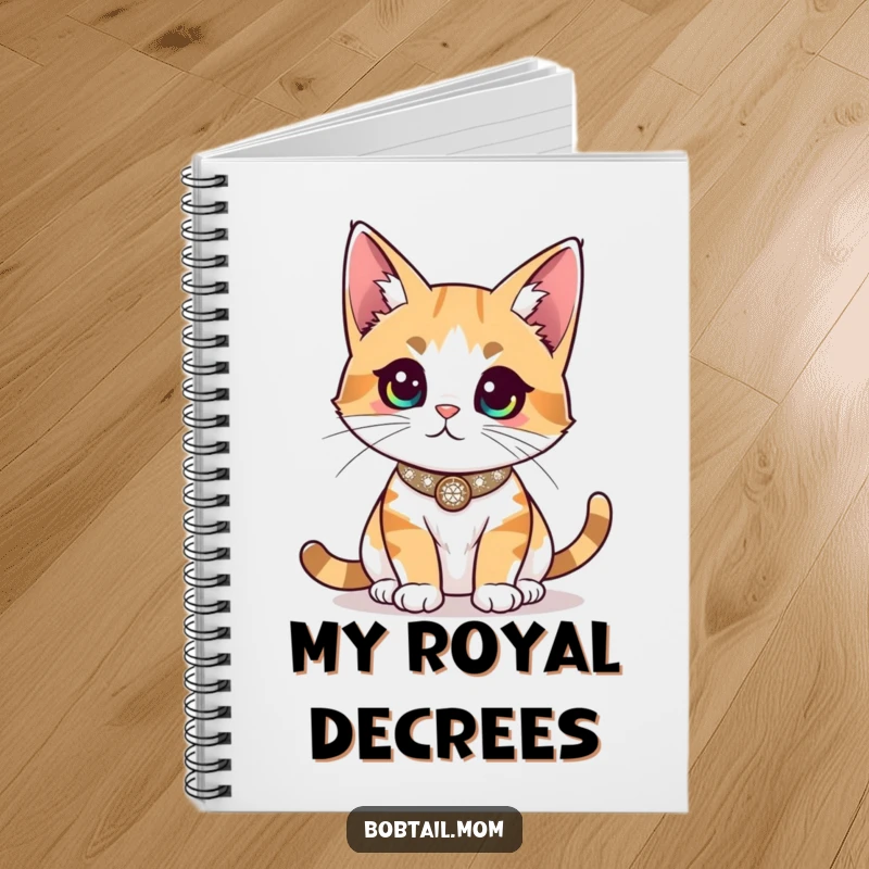 Funny Bobtail cat with a sparkly collar, surveying the room, adorning this notebook for jotting down regal and funny ideas.