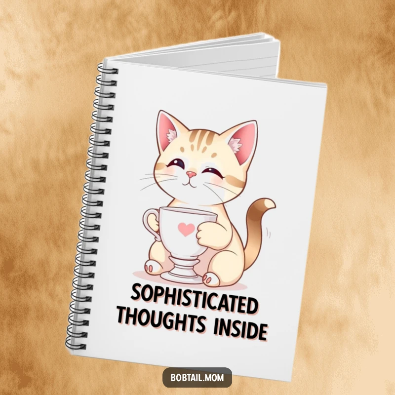 Funny Bobtail cat posing elegantly with a miniature teacup, adorning this notebook for jotting down sophisticated and funny ideas.