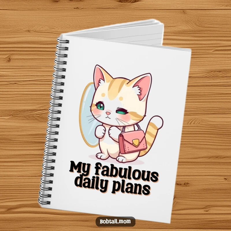 Funny Bobtail cat with a tiny purse looking at its reflection. A humorous notebook for stylish individuals, perfect gift.