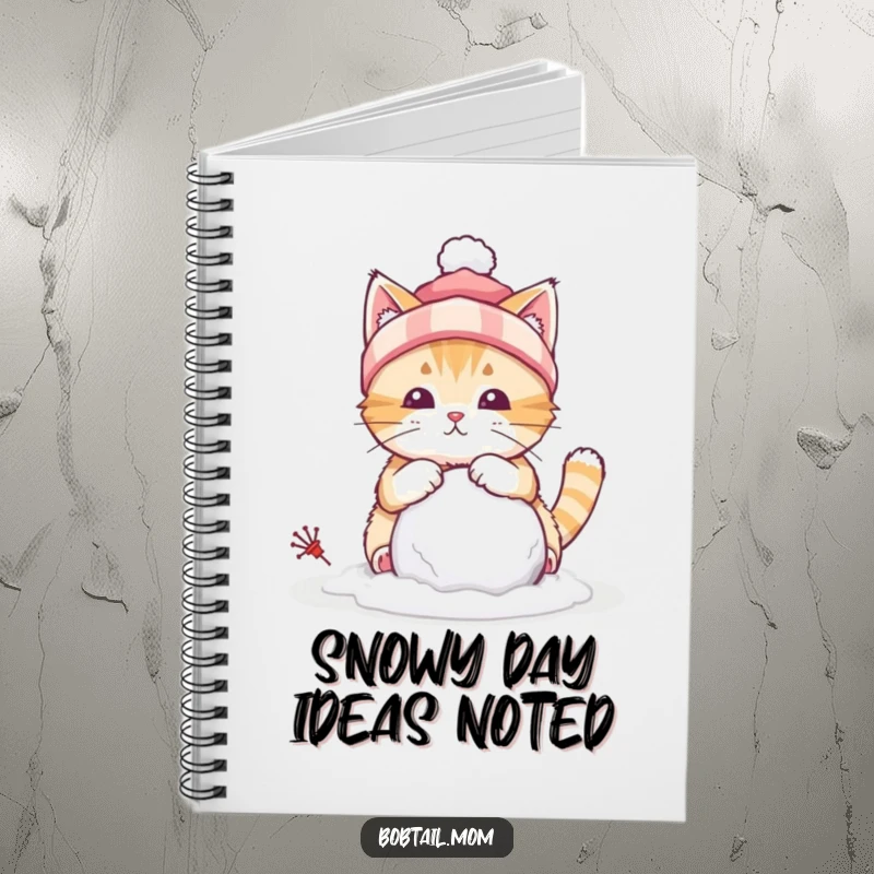 Funny notebook with a bobtail cat wearing a winter hat, building a tiny snowball, ready to capture your winter musings.