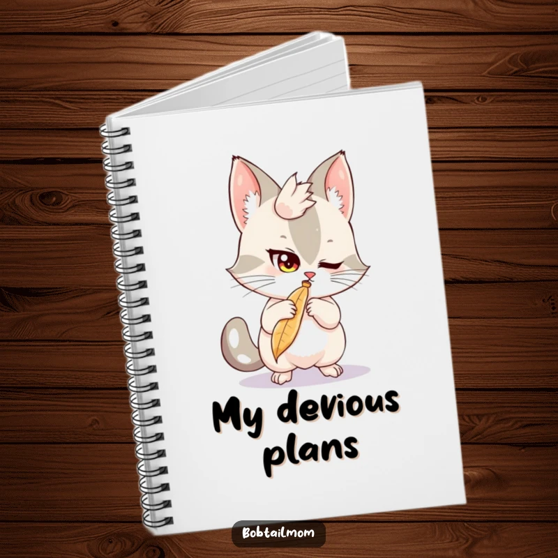 Funny Bobtail Notebook: A mischievous bobtail cat batting at a feather, ideal for jotting down playful ideas.