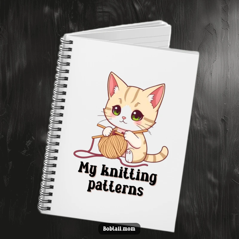 Funny bobtail cat with knitting needle and yarn, focused, perfect for a humorous and inspiring notebook for crafters.