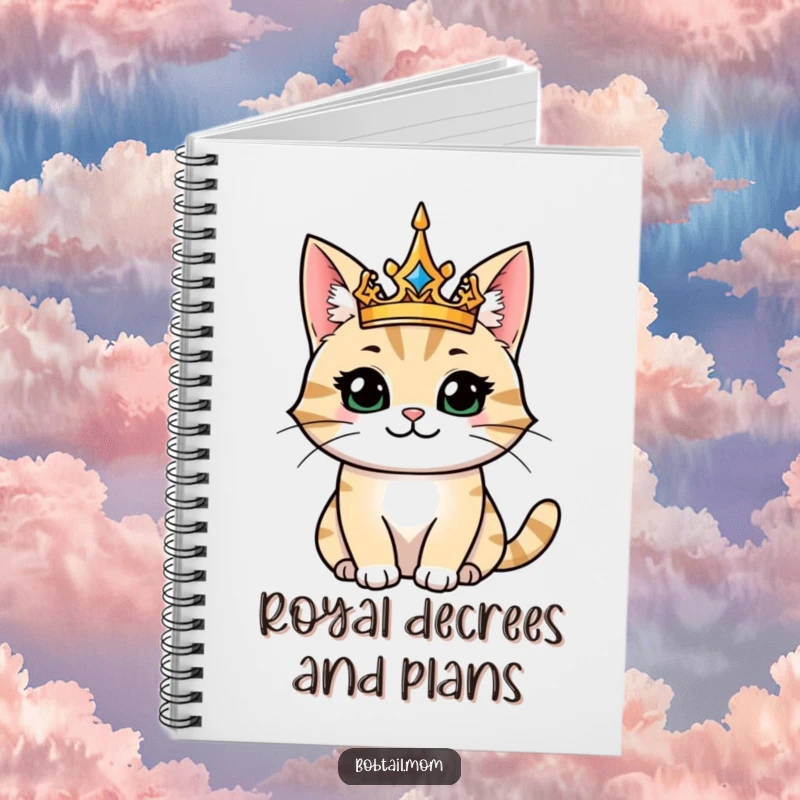 Funny notebook featuring a majestic bobtail cat king on the cover, ideal for writing notes, plans, or royal decrees with a smile.
