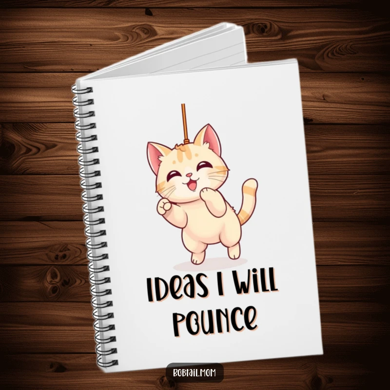 Funny Bobtail Cat Notebook showing a cute kawaii cat character poised to pounce on a dangling string, inspiring humor and creativity in writing.