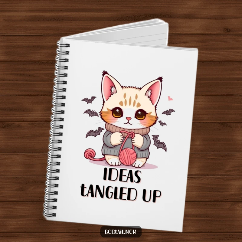 Funny Bobtail cat in a cozy sweater, batting playfully at yarn, adorning this notebook for jotting down fun ideas.