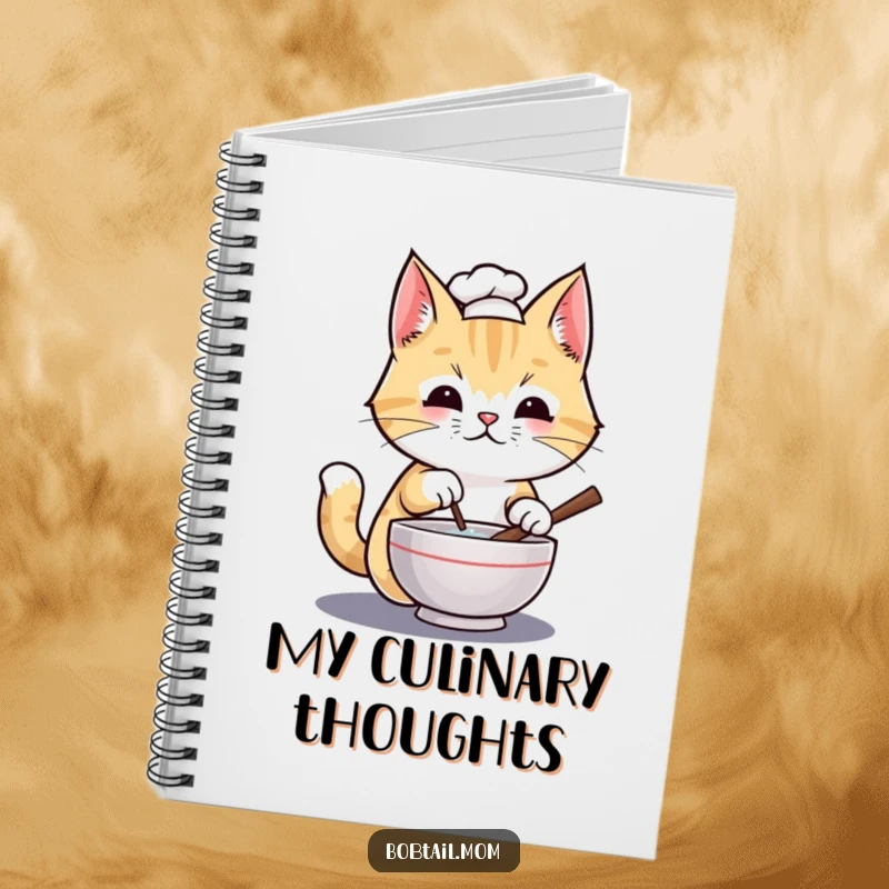 Funny Bobtail cat chef wearing a tiny hat, stirring a miniature bowl, presented as a notebook for jotting ideas.