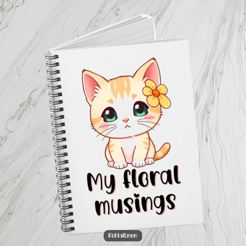 Funny Bobtail cat with a flower, looking curious, presented as a notebook for jotting down ideas.