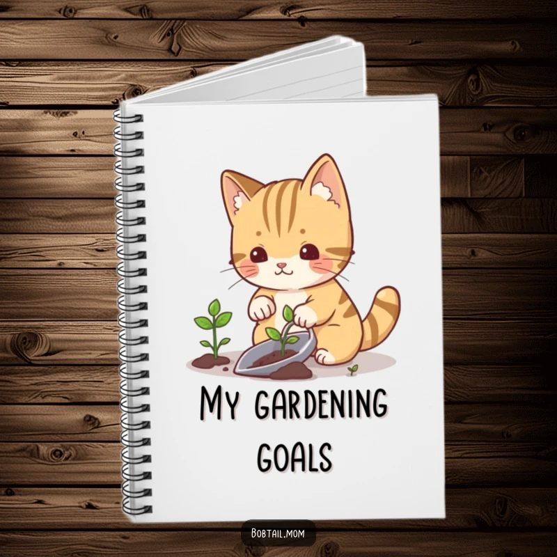 Funny bobtail cat planting a sprout with a gardening trowel, symbolizing growth, perfect for a creative notebook.