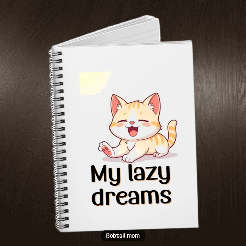 Funny notebook with a cute Bobtail cat stretching and yawning in the sun, inspiring peaceful reflections.