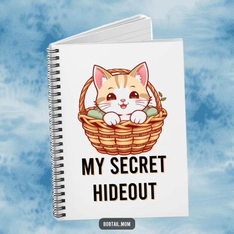 Funny notebook with a cheerful Bobtail cat peeking from a cozy basket, inspiring quiet observation.