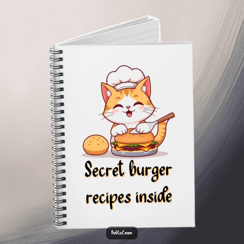 Funny notebook with a bobtail cat chef in a hat, flipping a burger, ready to capture all your brilliant ideas.