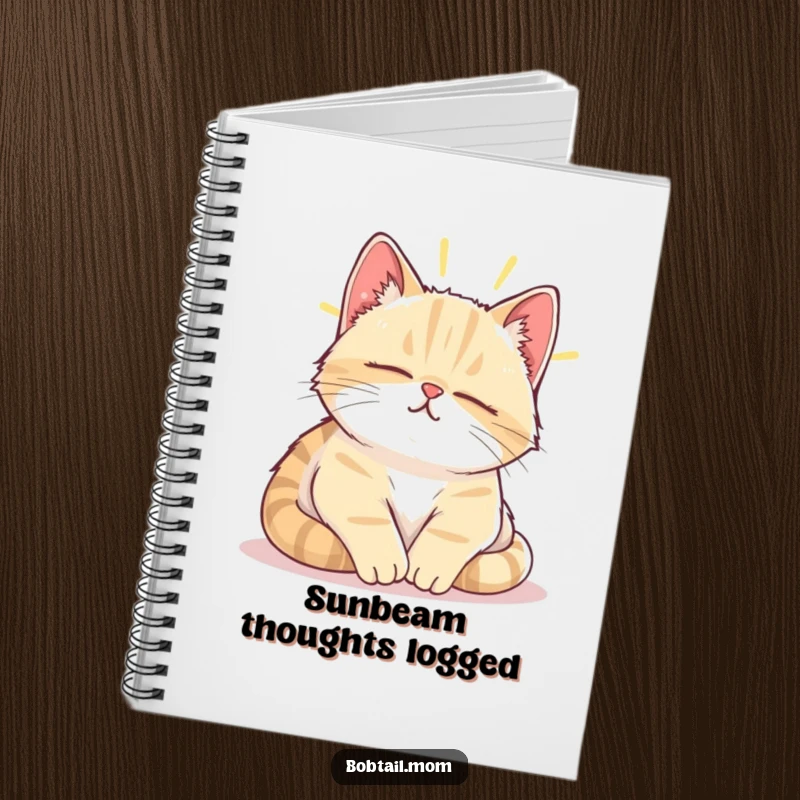 Funny Bobtail cat contentedly napping in a sunbeam, on the cover of a notebook.