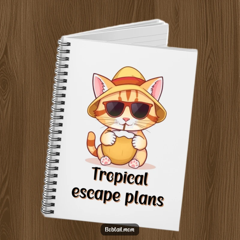 Funny notebook with a bobtail cat wearing a sun hat, sipping from a coconut, ready to capture your sunny thoughts.