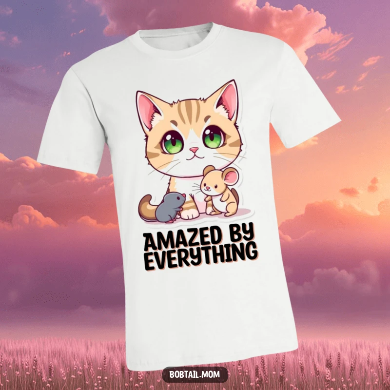 Funny Bobtail Cat T-Shirt showing a Bobtail cat with enormous pupils, captivated by the allure of a small toy mouse.