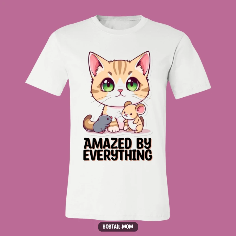 Funny Bobtail Cat T-Shirt: Wide-Eyed Wonder, Toy Mouse Play, Cute Tee