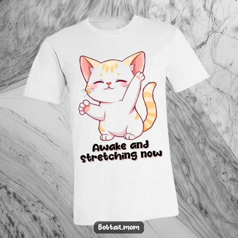 Funny Bobtail Cat T-Shirt depicting a graceful feline in a gentle stretch, highlighting flexibility and humor.