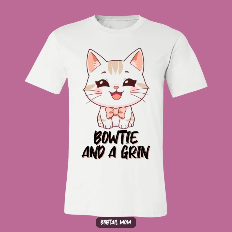 Funny Bobtail Cat Bowtie T-Shirt - Grinning Kitty Dapper Style Gift