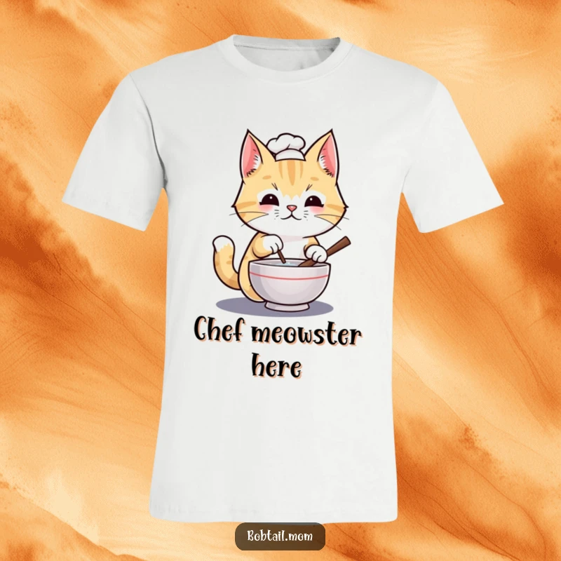 Funny Bobtail cat chef wearing a tiny hat, stirring a miniature bowl, presented on a soft, comfortable t-shirt.