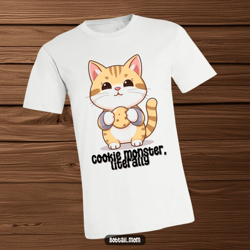 Funny Bobtail cat in oven mitts, holding a small cookie with a determined chef-like expression, perfect for baking enthusiasts.