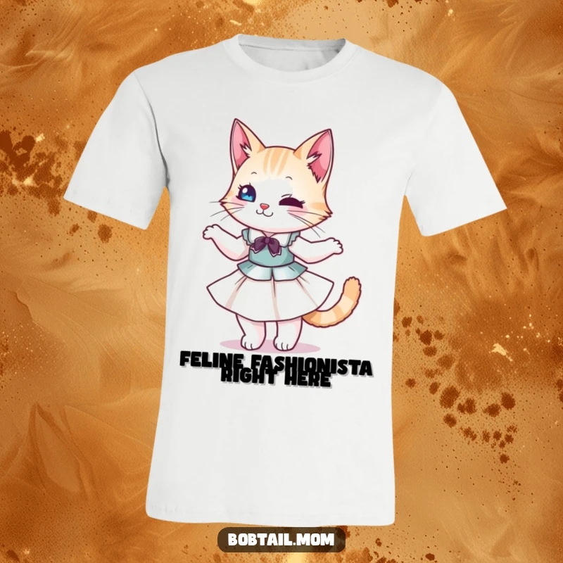 Funny Bobtail Cat T-Shirt: Graceful cat in a fashionable dress, twirling with joy, a hilarious statement piece.