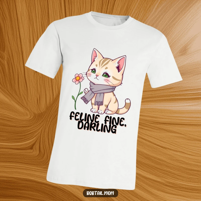 Funny Bobtail Cat T-Shirt: A fashionable bobtail cat wearing a small scarf gazes lovingly at a blooming flower.