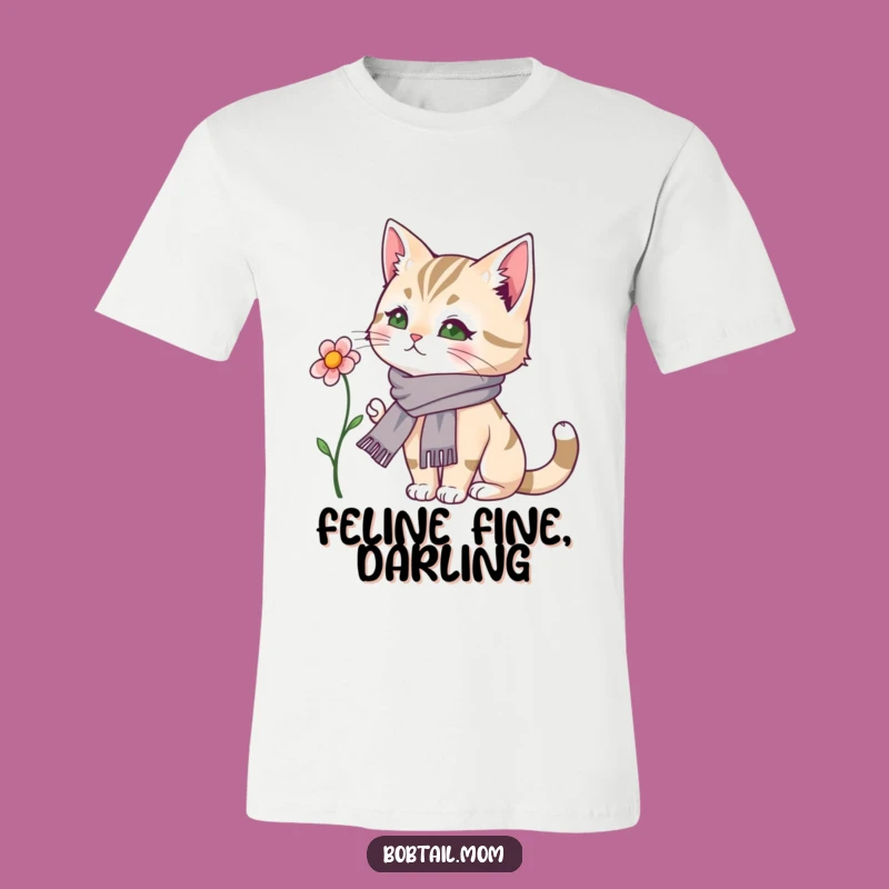Funny Bobtail Cat T-Shirt: Dainty Scarf Kitty Admiring Flowers, A Hilarious Funny Gift Tee