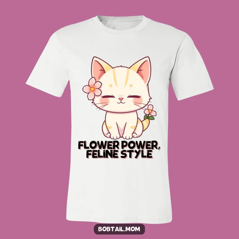 Funny Bobtail Cat Flower T-Shirt: Serene Feline Style, Comfortable Funny Gift