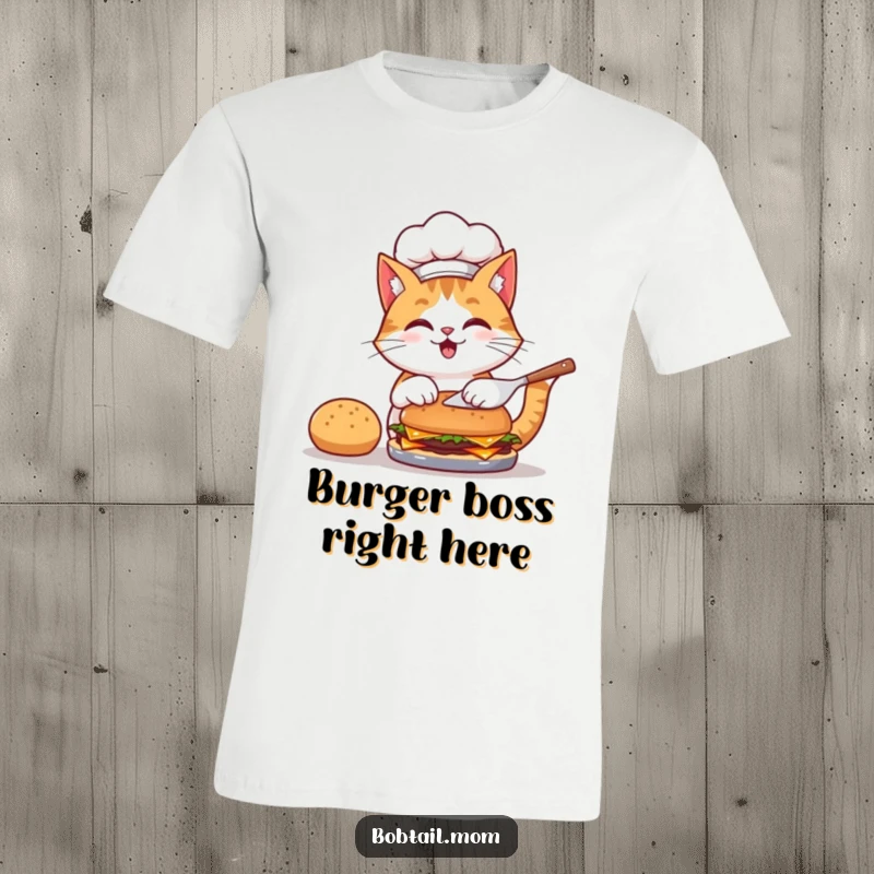 Funny T-shirt showcasing a bobtail cat chef in a hat, expertly flipping a burger with a joyful expression.