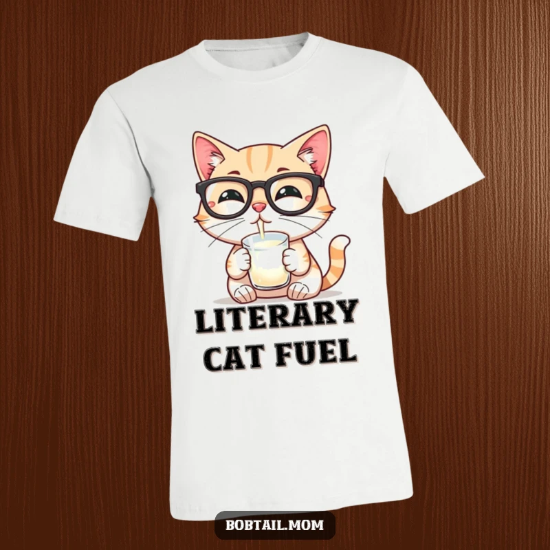 Funny t-shirt featuring a Bobtail cat wearing reading glasses, elegantly sipping milk from a saucer, exuding sophistication and humor.