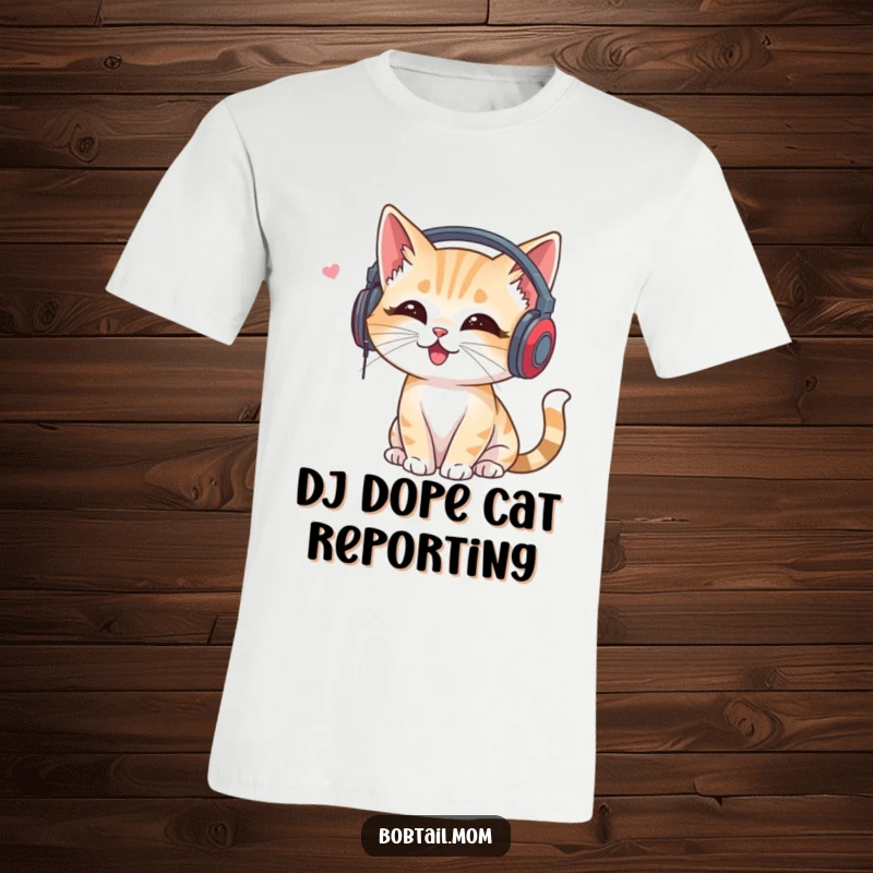 Funny Bobtail Cat T-Shirt: Cat with headphones joyfully listening to music, a cool and funny music statement.