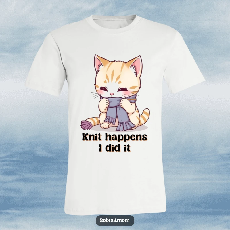 Funny Bobtail cat focused on knitting a small scarf, yarn playfully askew. A humorous t-shirt for cat lovers and crafters, great gift.