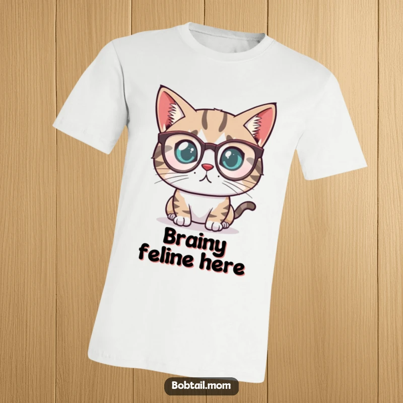 Funny Bobtail cat with a determined look wearing tiny reading glasses, printed on a soft, smart t-shirt.