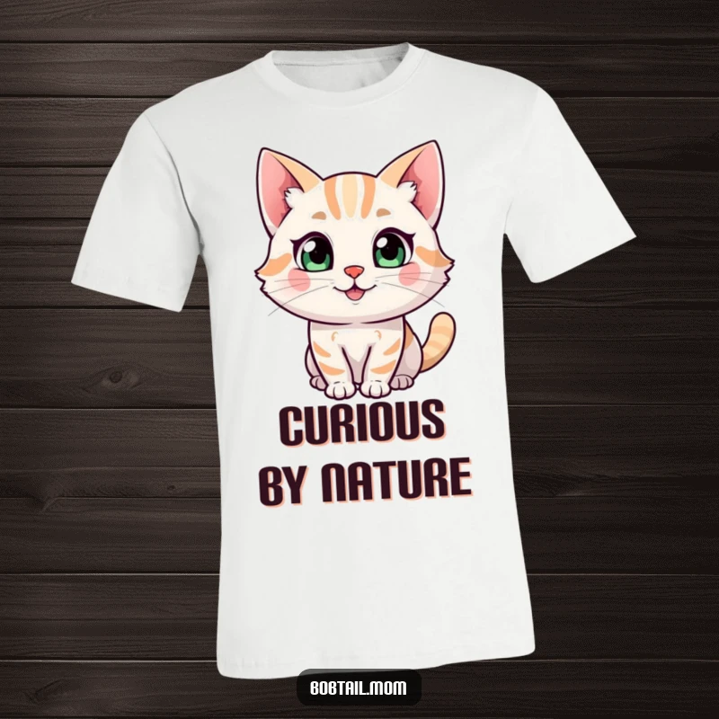 Funny Bobtail cat t-shirt showing a happy expression with a curious glance, perfect for thoughtful and loving cat owners.