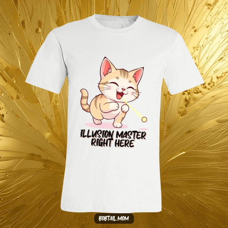 Funny Bobtail cat t-shirt showing an energetic cat mid-air, eyes locked on a laser dot, embodying playful pursuit and feline silliness.